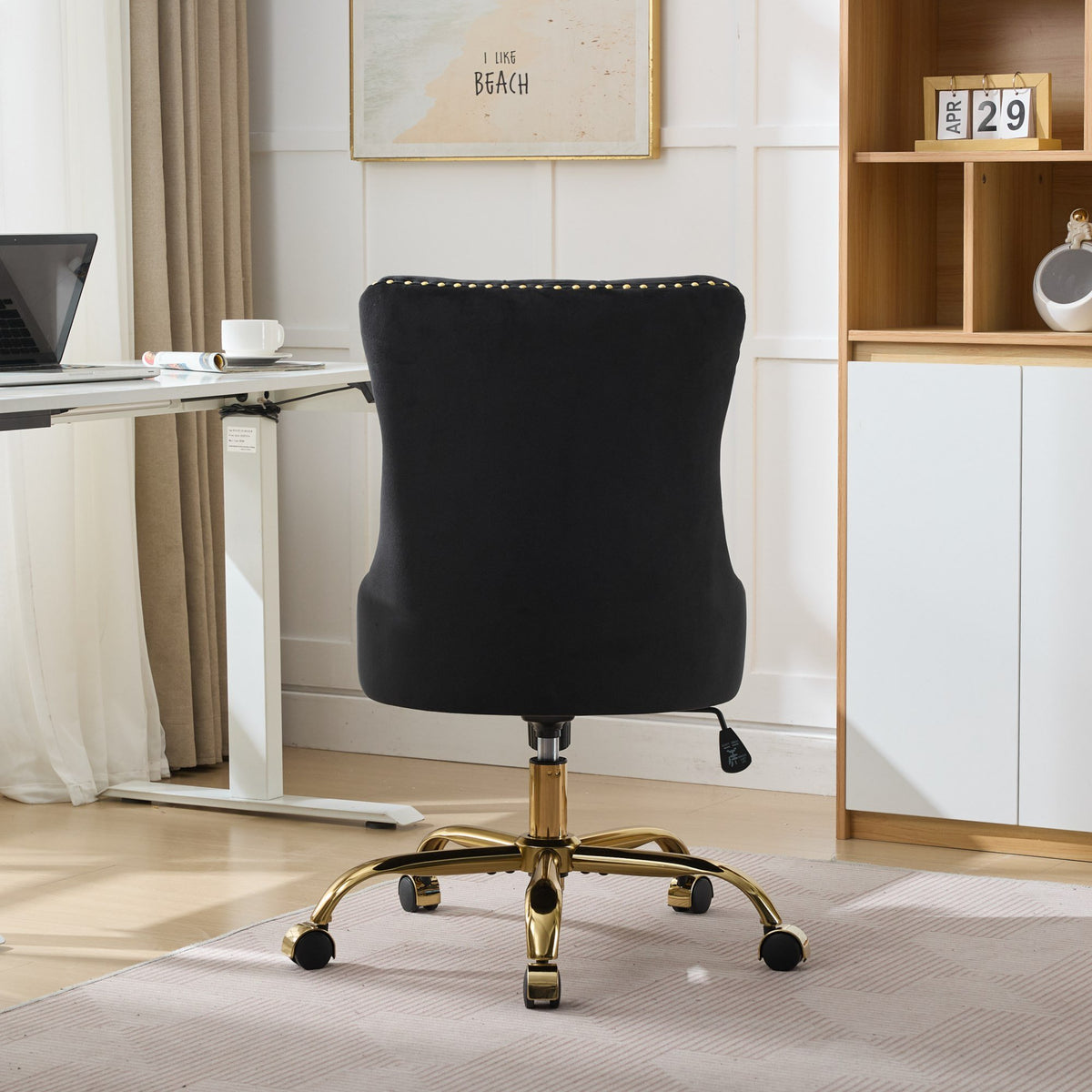 A&A Furniture Office Chair, Modern Velvet Upholstered Tufted Button Home Office Chair with Golden Metal Base - Black