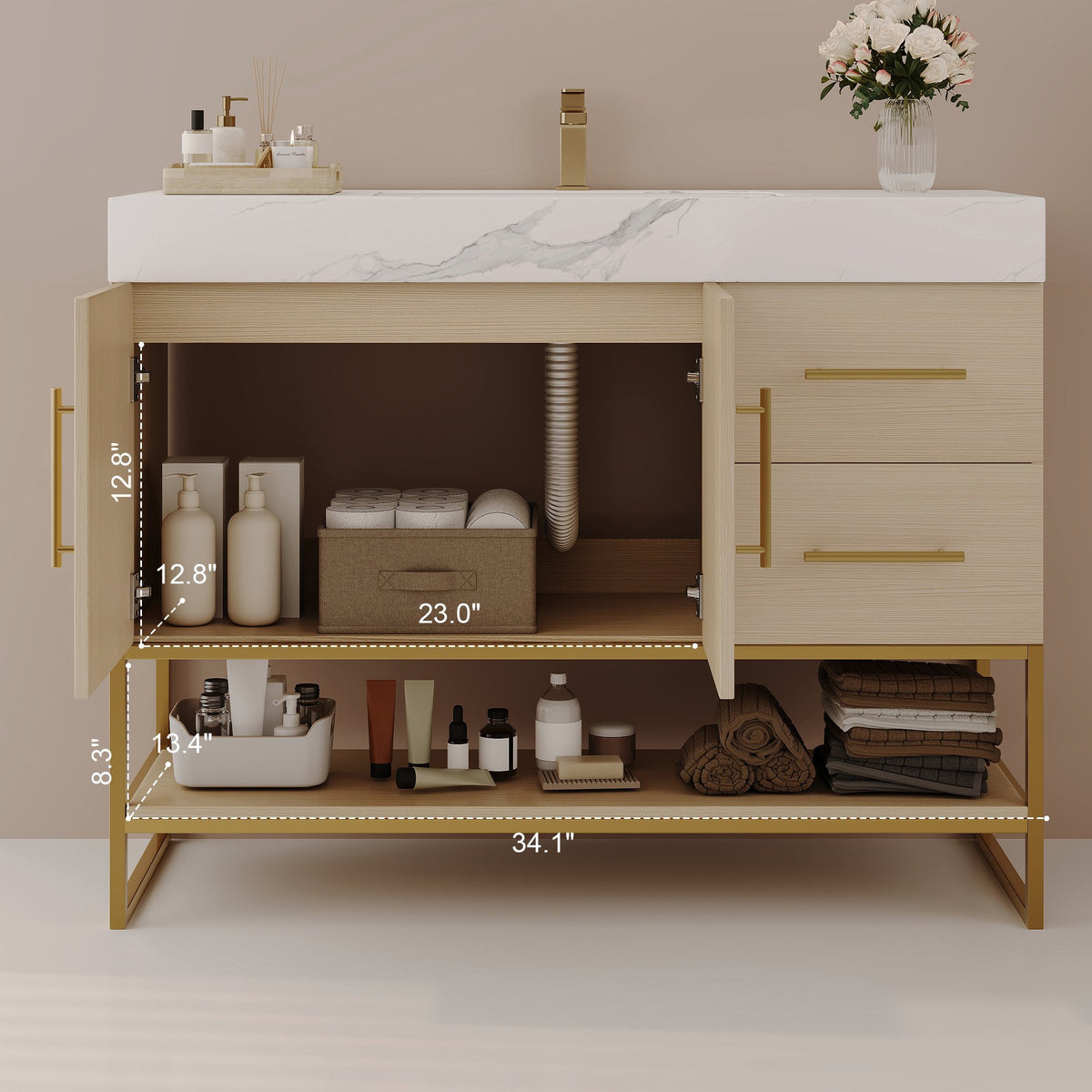 36" Modern Free-Standing Bathroom Vanity with Seamless Ceramic Sink & Sintered Stone Top