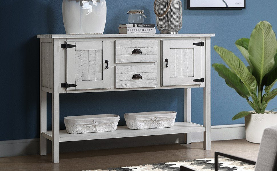 46'' Solid Wood Sideboard Console Table with 2 Drawers and Cabinets and Bottom Shelf