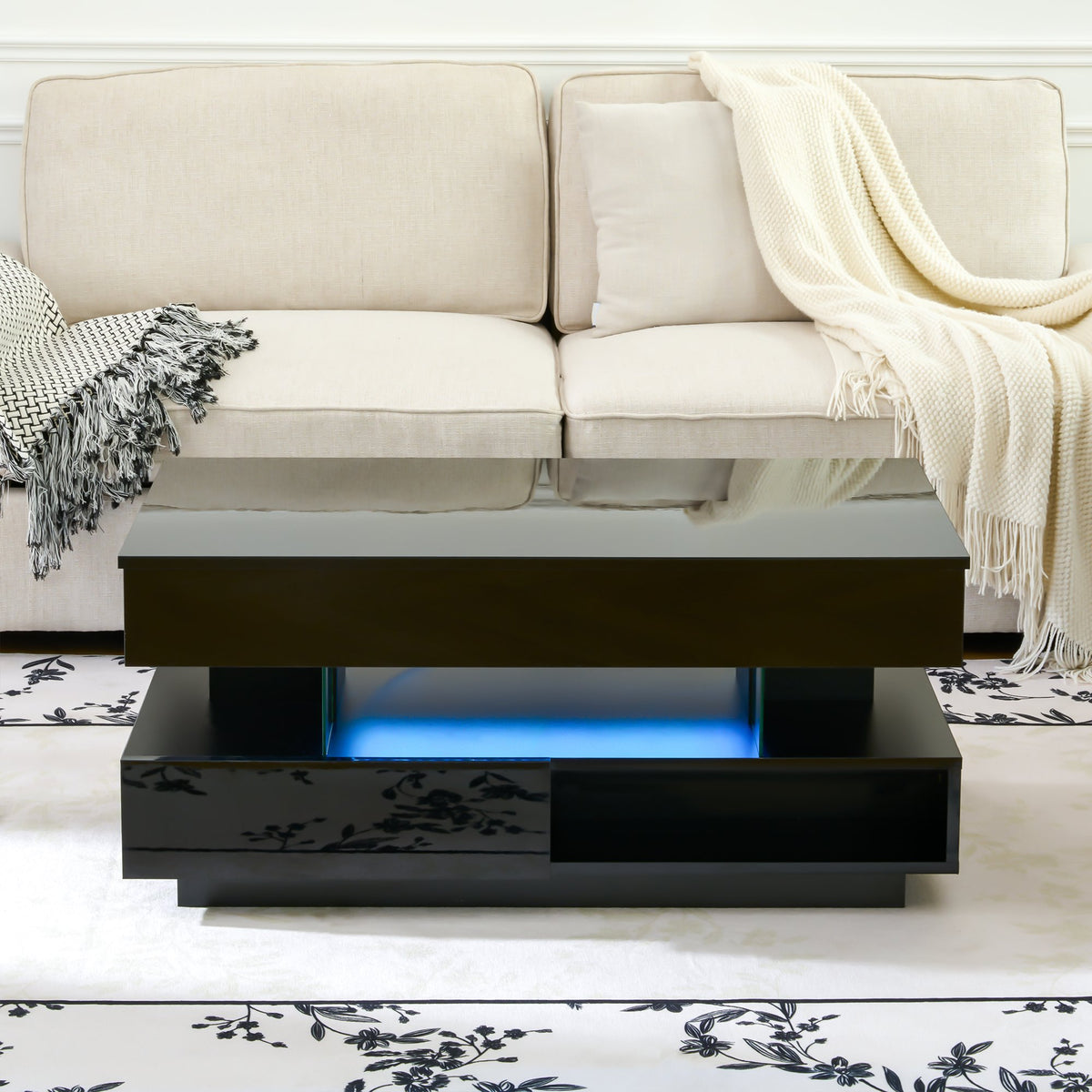 39.3" Lift Top Coffee Table with Hidden Compartment, 2 Storage Drawers and Ajustable LED Lights, Modern Multifunction Coffee Tables - Black