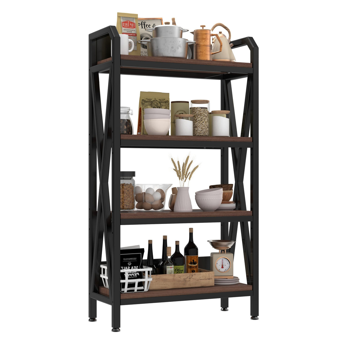 56.30'' Bakers Rack 4-Level Storage Shelves Metal and Wooden Kitchen Shelves, Kitchen Organizers and Storage, for Garage, Pantry, Closet