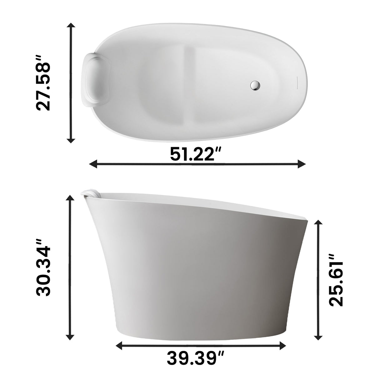 51" Solid Surface Oval Freestanding Glossy White Bathtub with Overflow and Drain Assembly, with Integral Seat and headrest, LTL
