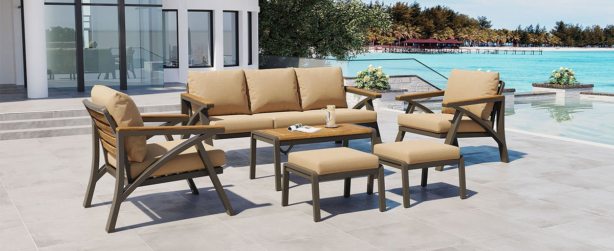 6-Piece Outdoor Patio Furniture Set, Steel Frame Sofa Set with 3-Seat Couch, 2 Armchairs, 2 Ottomans & Acacia Wood Coffee Table, Cushioned Seating for Backyard, Garden, Poolside, Brown Cushion