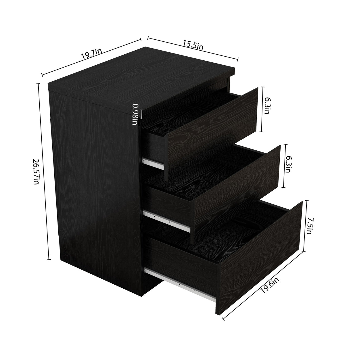 19.7-Inch Black Nightstand with 3 Drawers, Beside Table with Drawers Handle Free Design, Thickened Top Plate