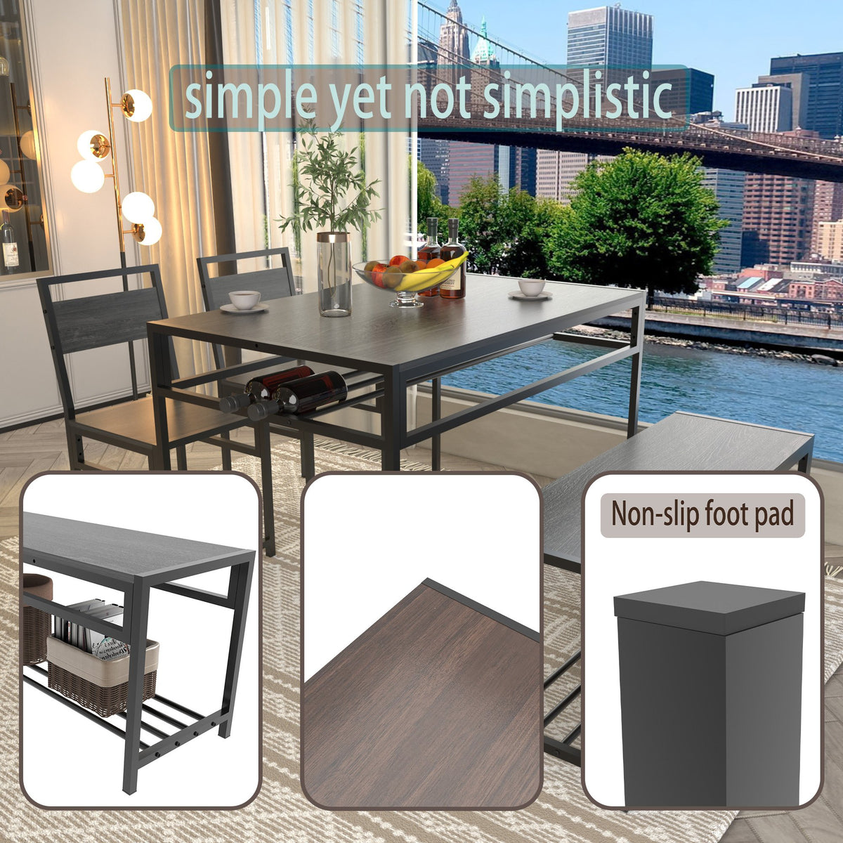 5 Piece Industrial Dining Table Set with 2 Dining Chairs & 1 Storage Bench, Rectangular Wood Grain Kitchen Table with Built-in Wine Rack, Metal Frame Space Saving Dinner Furniture for Small Apartment