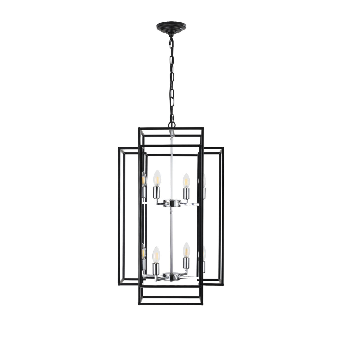 18" Modern 8-Light Black & Chrome Geometric Pendant Chandelier, Industrial Metal Frame, Adjustable Hanging Light, Kitchen (No Bulbs)