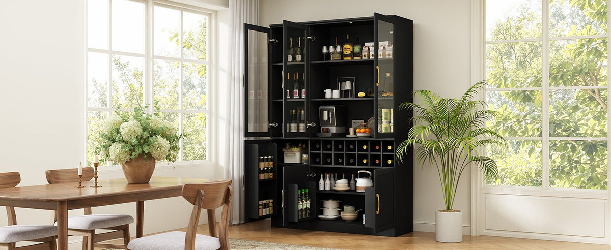 70.87'' Tall Wine Bar Cabinet with Glass Doors, Modern Liquor Cabinet with Removable 14-Bottle Wine Rack & Built-in Door Shelves, High-Capacity Home Bar Cabinet, Black70.87