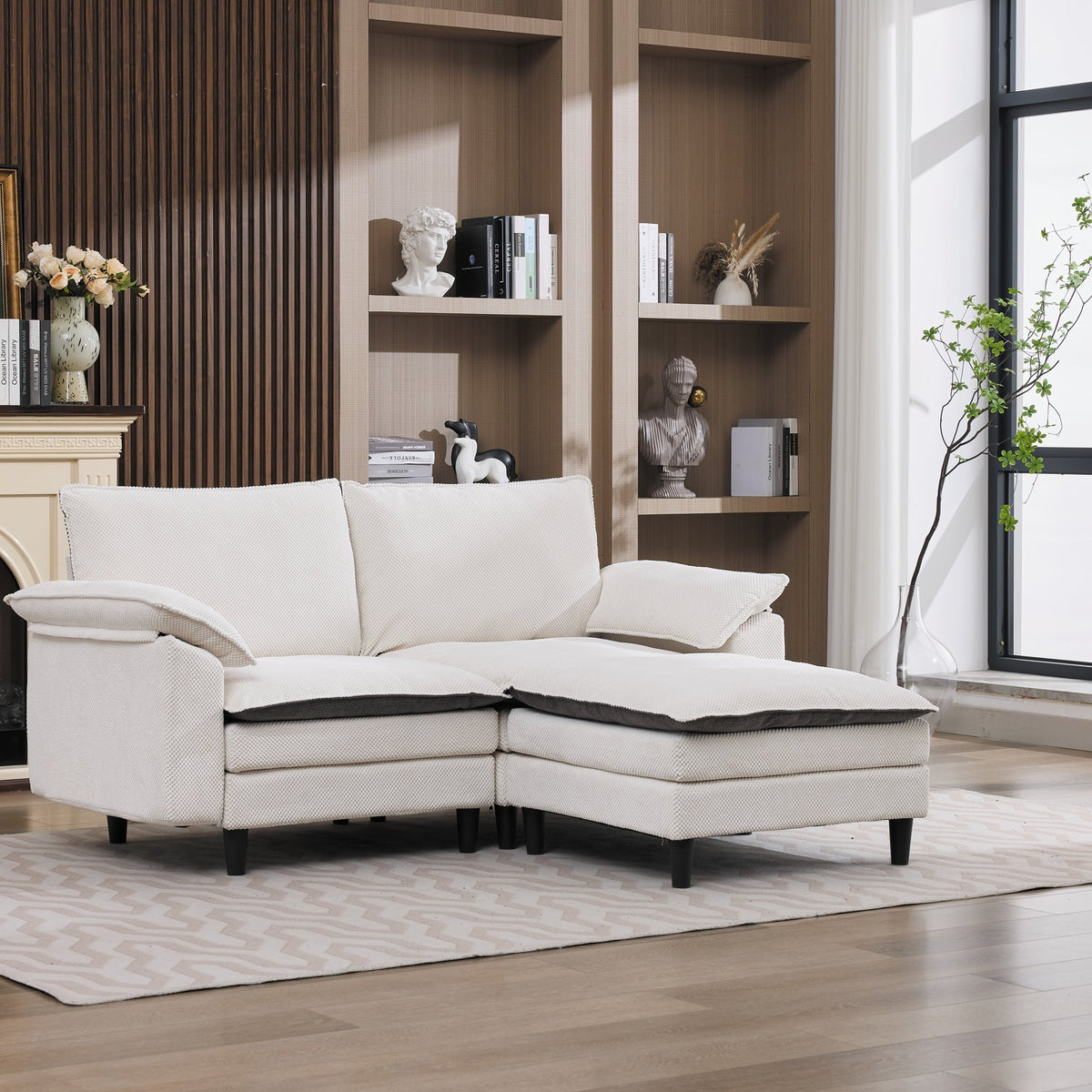 70.87" Black & White Two-Tone L Shaped Cloud Sofa, Modular Sectional with Ottoman, 2-Seat Chenille Deep Seat and Pillow - Perfect