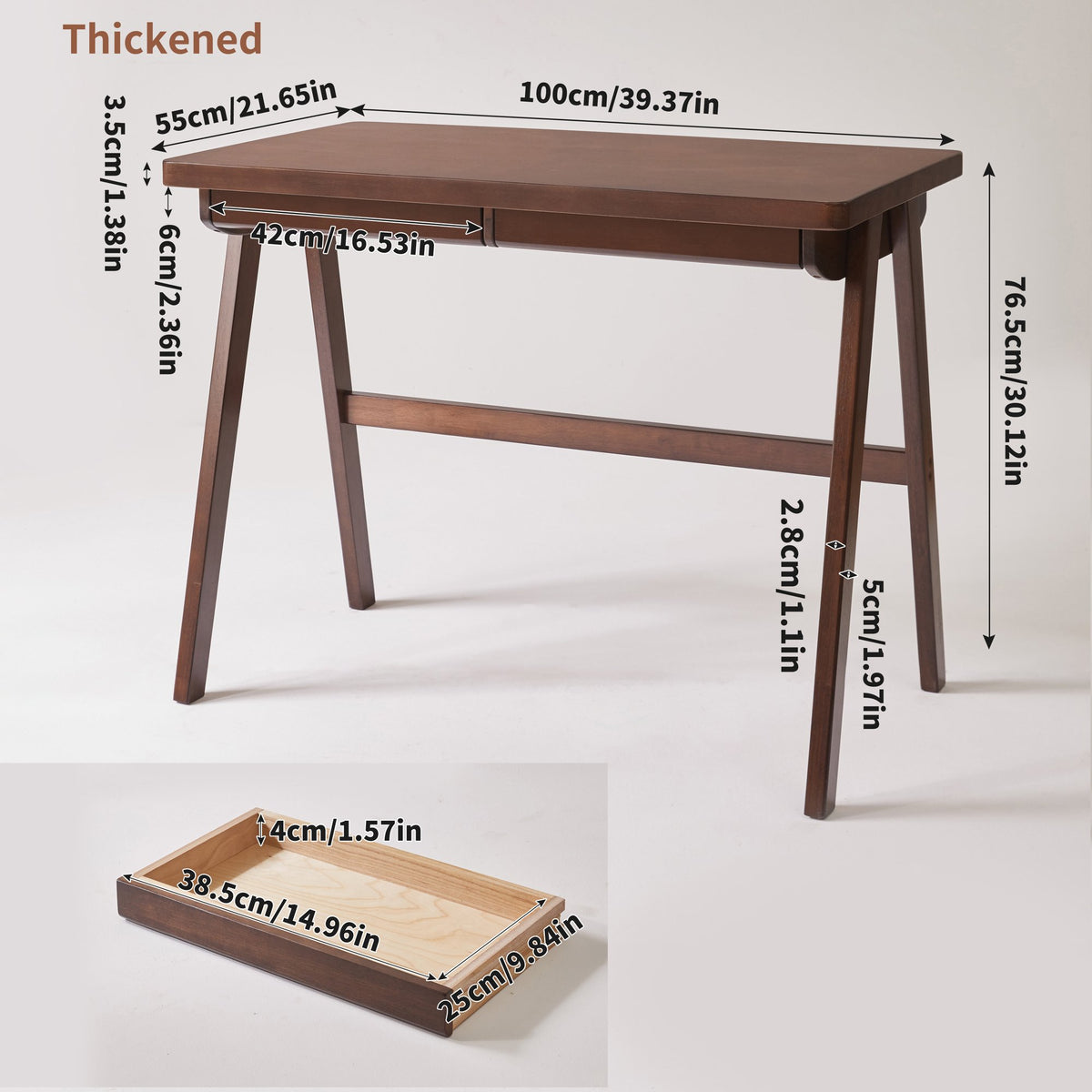 100% Solid Rubber Wood Computer Desk, Retro Walnut Writing Desk with Drawer, Sturdy A-Frame Leg, 39.37"×21.62", 1.38" Extra Thick Home Office Study Table