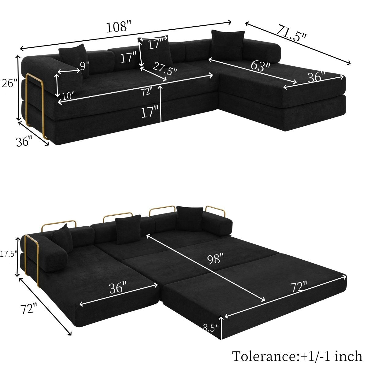 108'' Modular Sectional Sofa with L-Shape Chaise, Boneless Cloud Couch with Deep Seat, Sponge Compression Sofas No Assembly Required, Modern Sofa Fold-Out Sofa Bed,With Removable Backrest