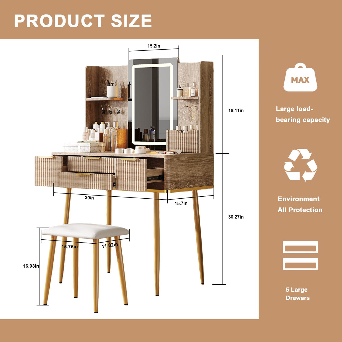 4-Drawer Vanity Desk with LED Mirror & Carved Details, Fluted Makeup Table with Metal Legs and PU Stool