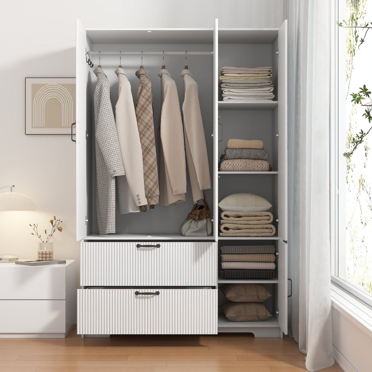 4 Doors Wardrobe Closet with Mirror, LED Wardrobe with Doors and 2 Drawers, Wooden Wardrobe Storage Cabinet with Hanging Rod – Model W409S00009