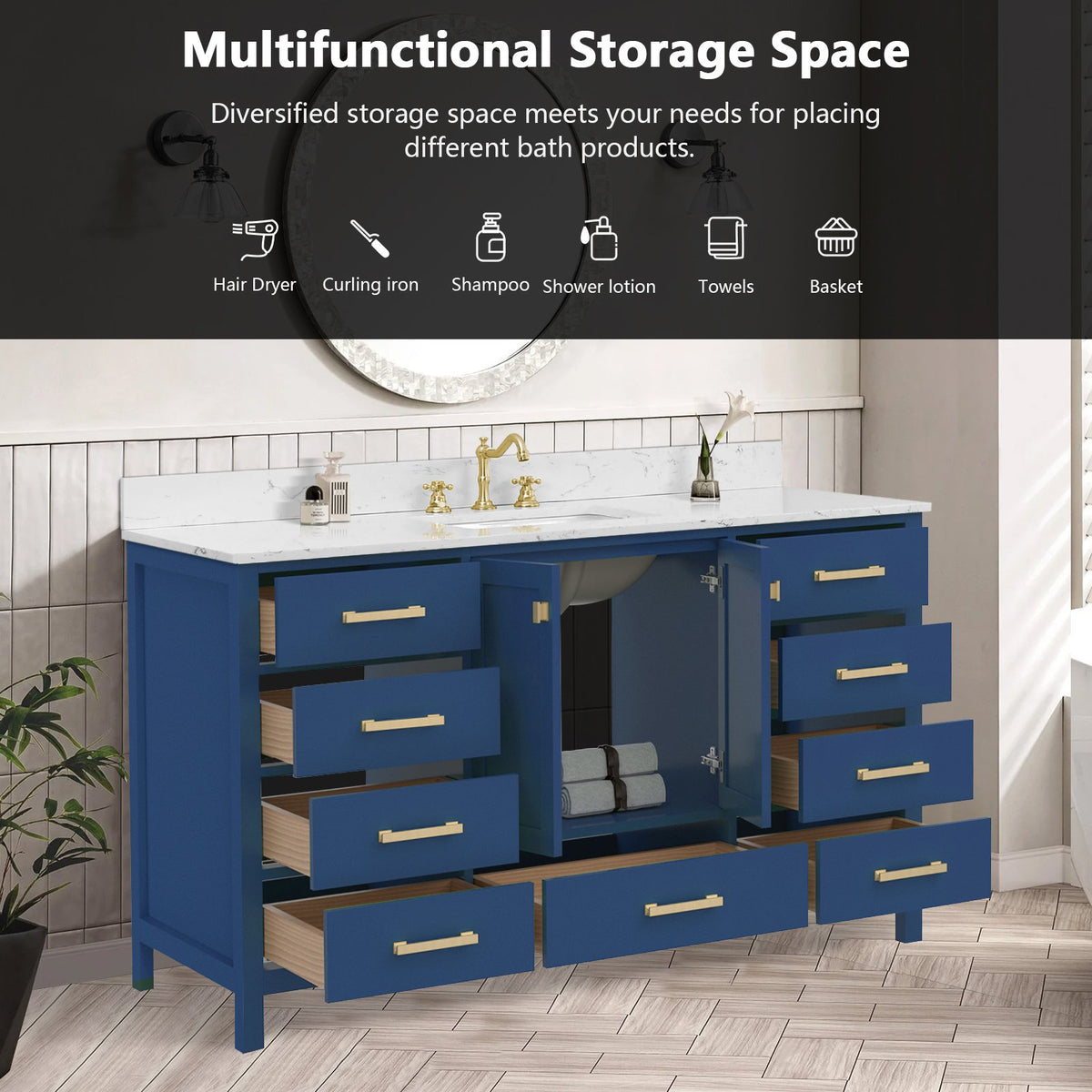 60'' Bathroom Vanity, Freestanding Vanity Top with Single basin Solid Wood Frame Bathroom Storage Cabinet Blue