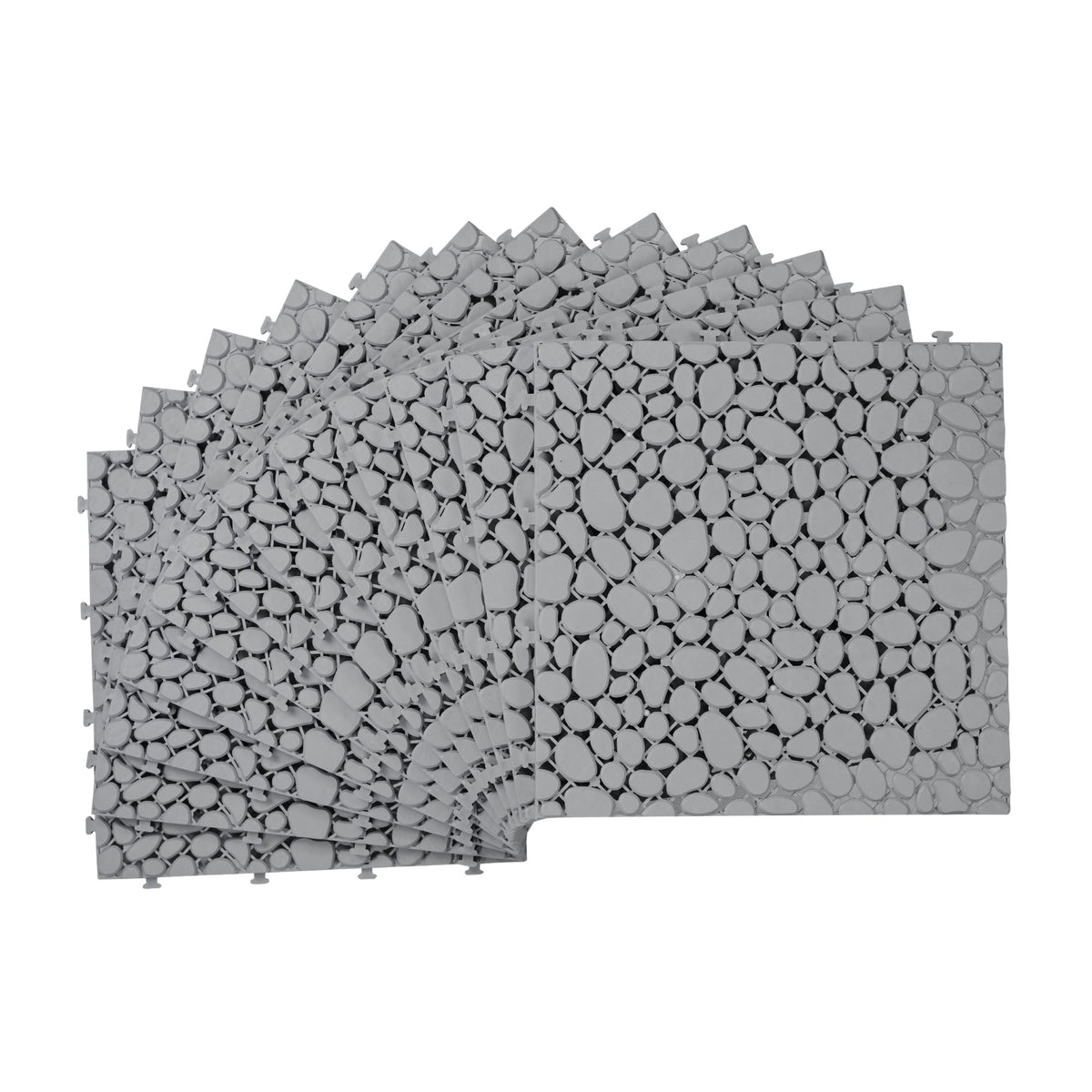 12 x 12 Inch Gray Interlocking Deck Tiles Plastic Waterproof Outdoor All Weather Anti-slip Bathroom Shower Balcony Porch Strong Weight Capacity Upto 440 LBS, Pebble Stone Pattern Pack of 12