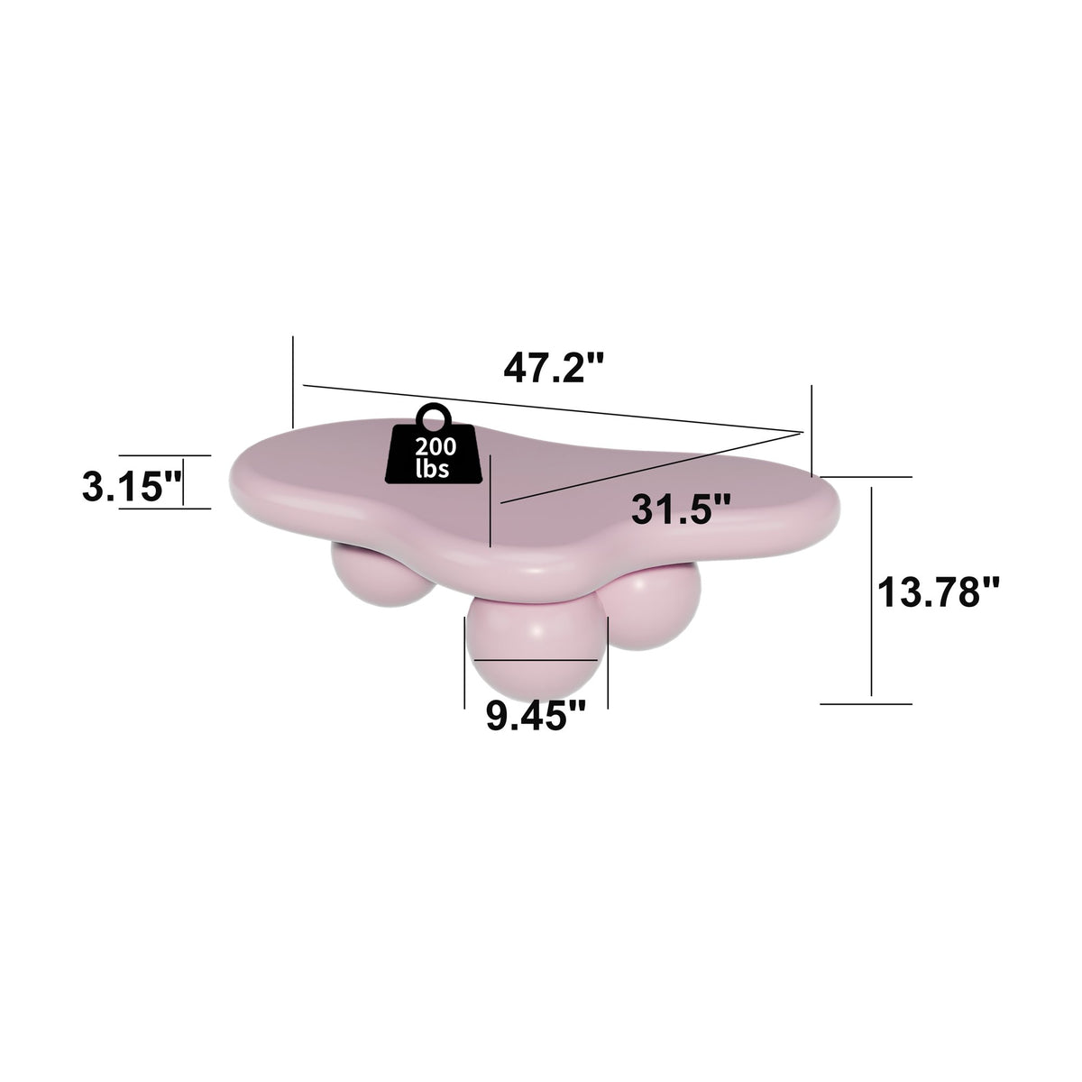 47 Inch Cloud Shaped Coffee Table, Low Coffee Table with 3 Ball Legs, Pink