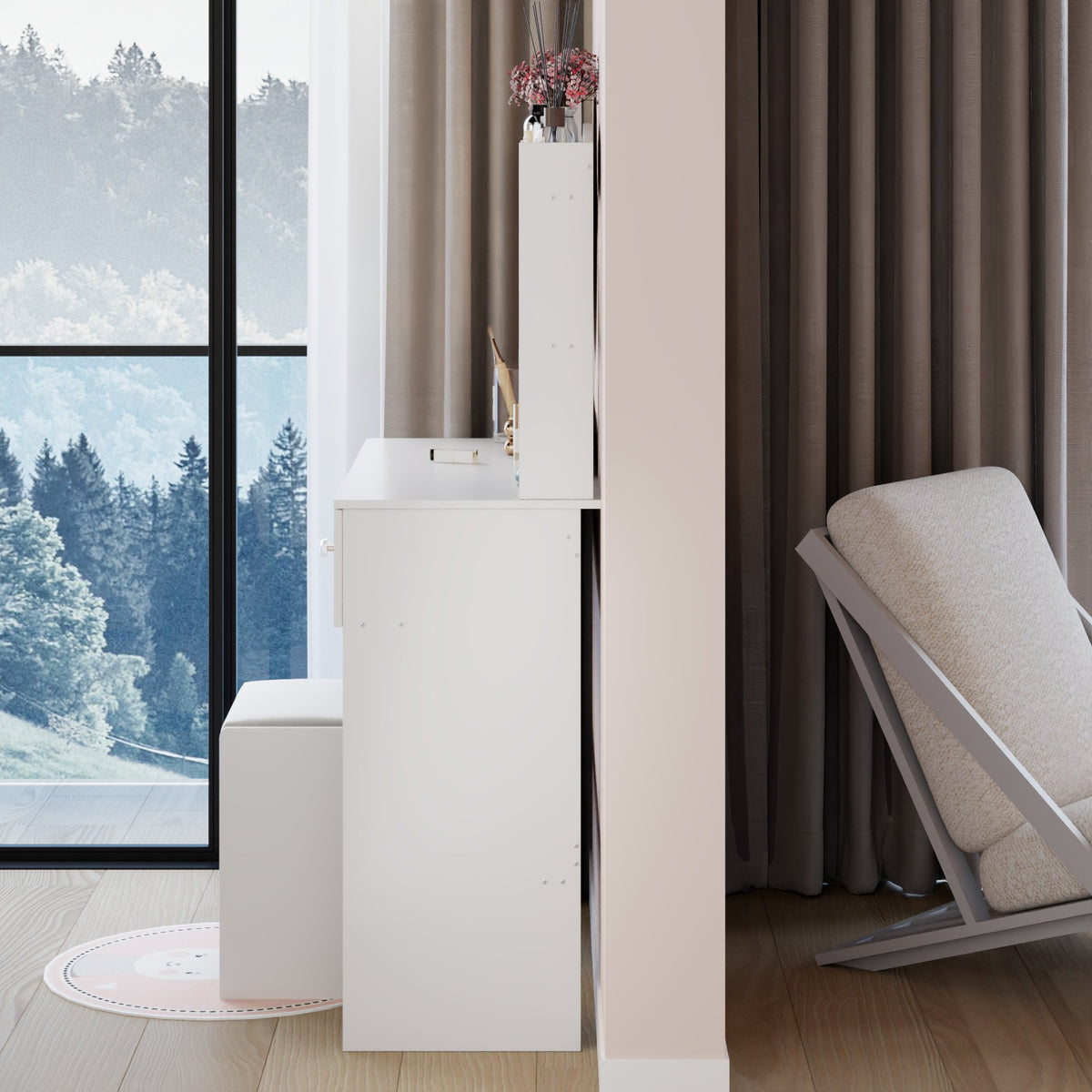 17" Round LED Mirror Vanity Table + Soft Cushion Stool Suit, Large Mirror, Touch Switch, 3 colors, Adjustable Brightness, Large Desktop