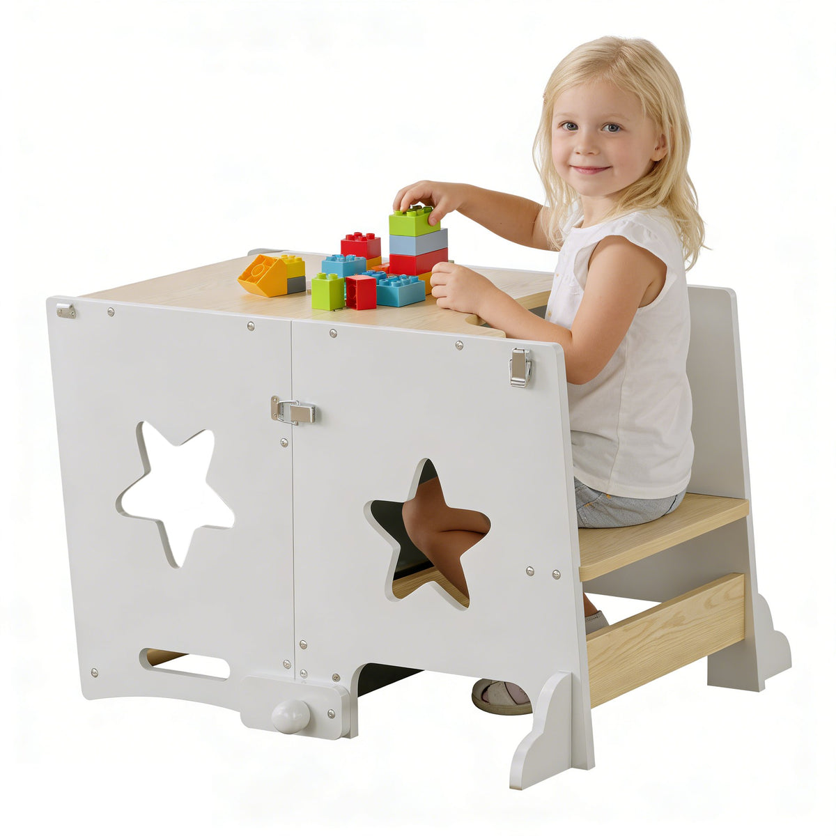 3-in-1 Toddler Kitchen Step Stool, Foldable Learning Standing Tower with Blackboard, Wooden Kitchen Stool Helper