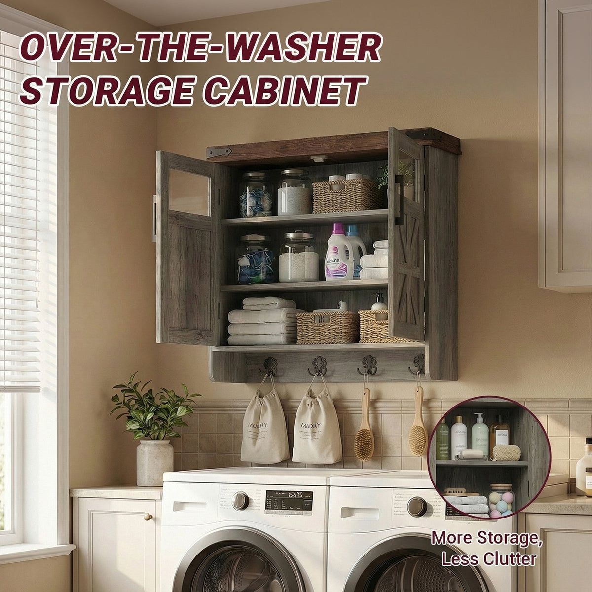 Bathroom Wall Cabinet Wall, Over Toilet Storage Cabinet, Bathroom Medicine Cabinet with Adjustable Shelves & Hook, Farmhouse Bathroom Storage for Small Bathrooms, Kitchen, Laundry