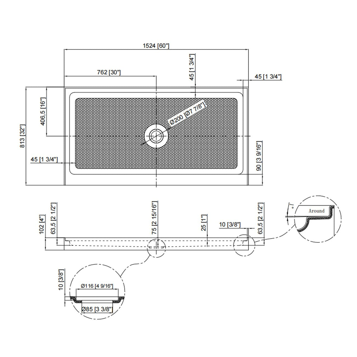 60" x 32" Shower Base,Central Drain Single Threshold Shower Base with Efficient Drainage, Shower Pan with Slip Resistant Textured Surface (Drain Not Included)