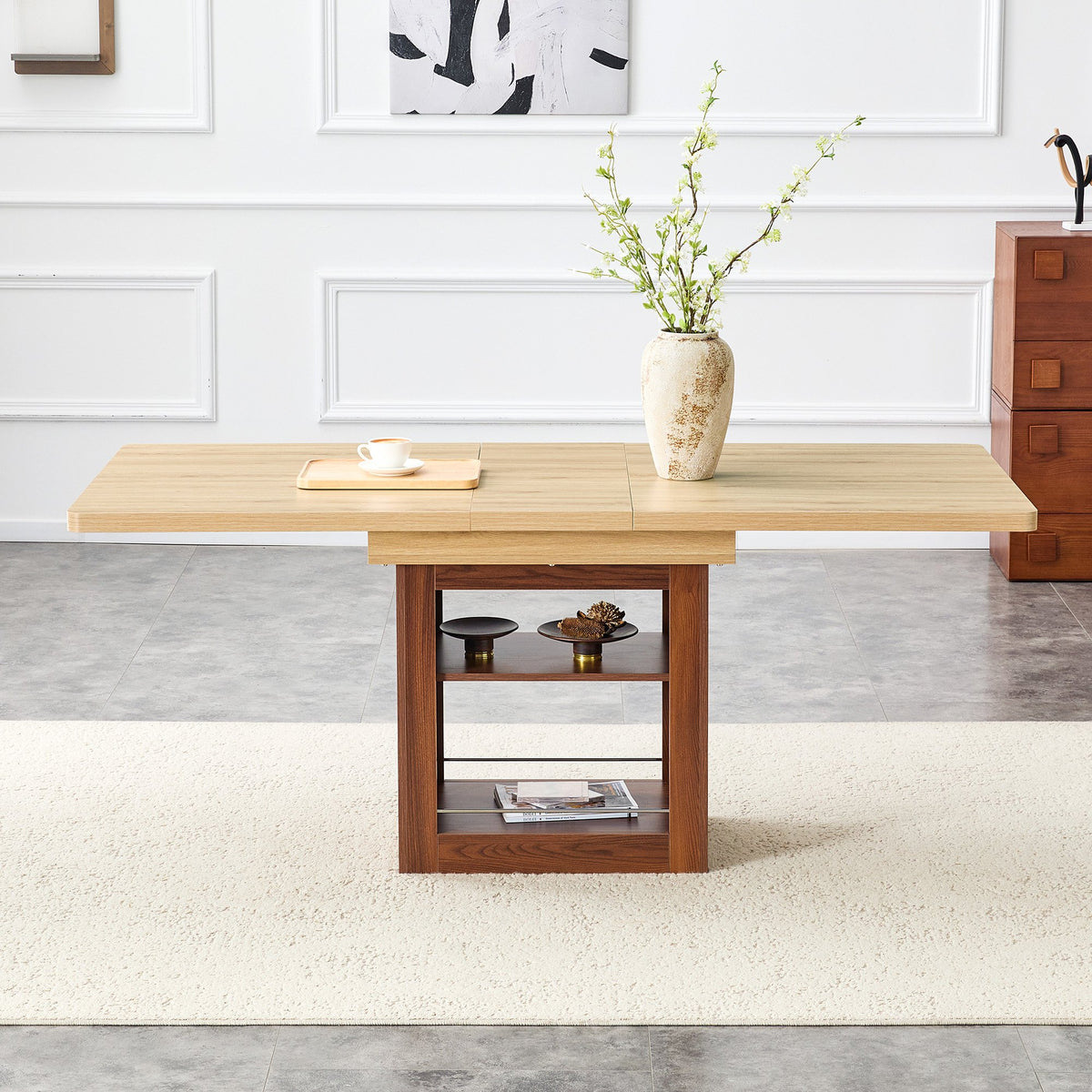 An expandable dining table with storage space