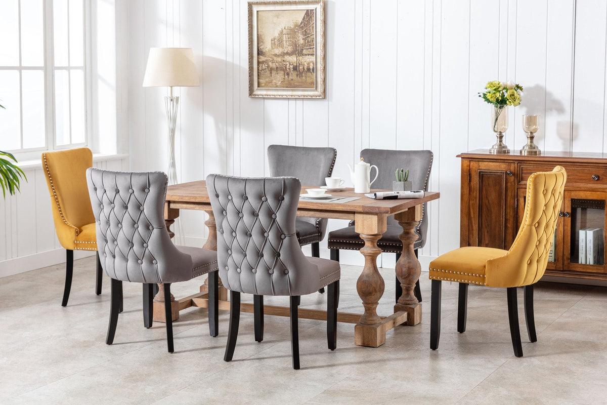 A&A Furniture, Upholstered Wing-Back Dining Chair with Backstitching Nailhead Trim and Solid Wood Legs, Set of 2, Gray, SW8809GY, KD