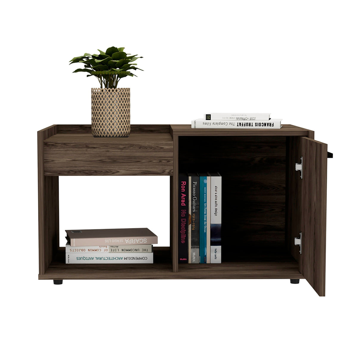 Coffee Table, One Open Shelf, Single Door Cabinet, Dark Walnut