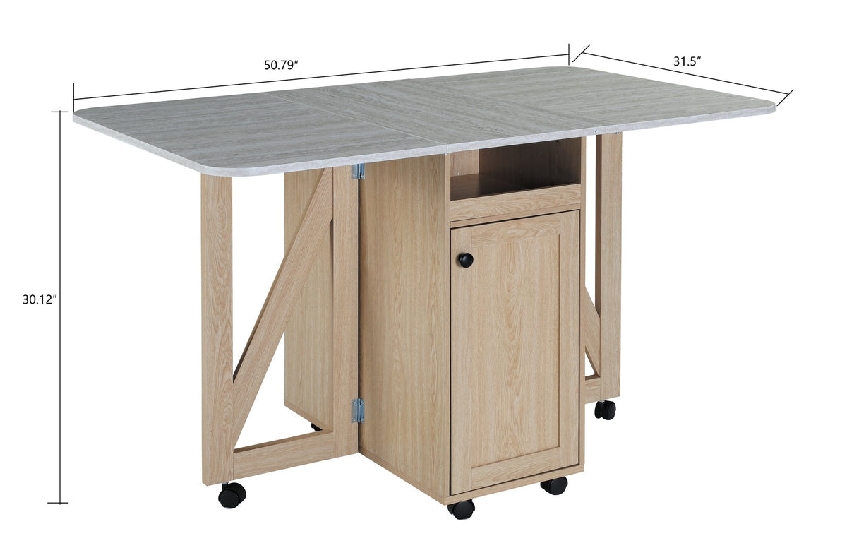 Folding Dining Table with Storage Cabinet & Shelves, Mobile Space-Saving Kitchen Table for Small Spaces