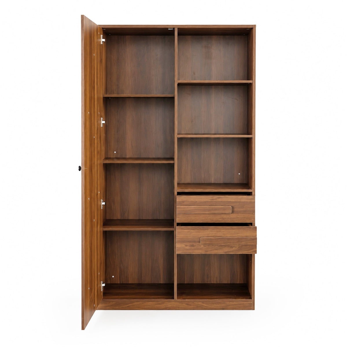 Freestanding Storage Cabinet, Tall cabinet with fluted Door, 2 Drawers & Open Shelves, Multi-Purpose Organizer for Bedroom, Living Room, Entryway