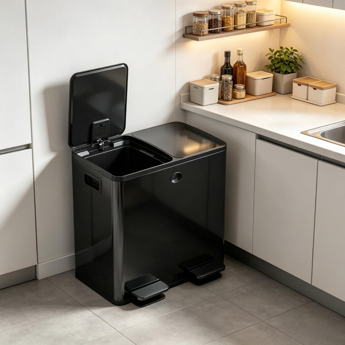 Hygienic Foot-Operated Garbage Can,Dual Compartment Step Trash Can with Separate Lids,Waste Separator