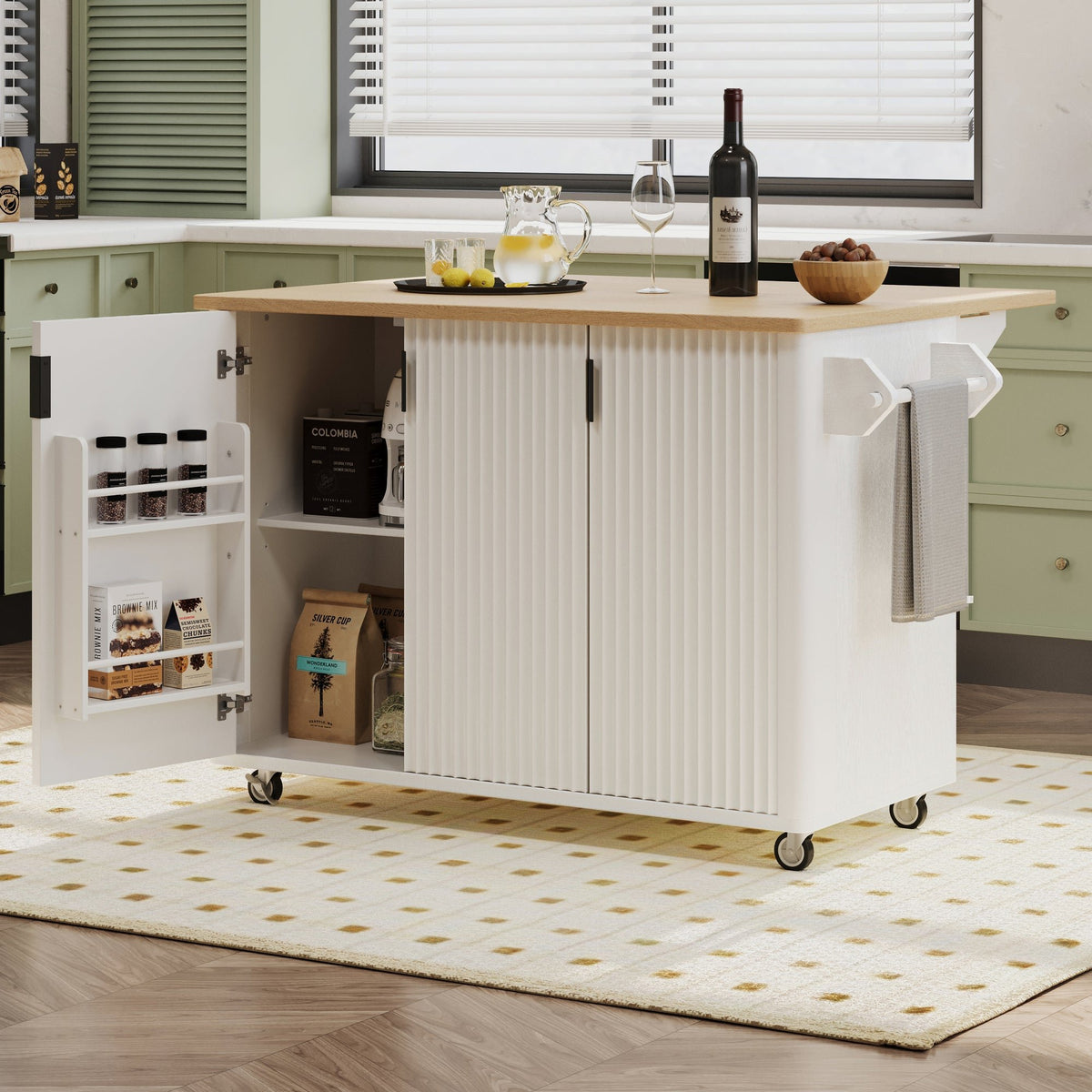 K&K 51" Fluted Kitchen Island with Drop Leaf, Farmhouse Accent Kitchen Island on Wheels with Internal Storage Rack