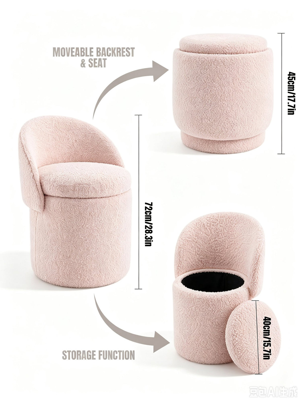 Makeup stool with Storage, Upholstered Vanity Stool with Foldable Backrest Modern Cylindrical Footrest Stool for Living Room Bedroom,Makeup Room, Dressing,Pink