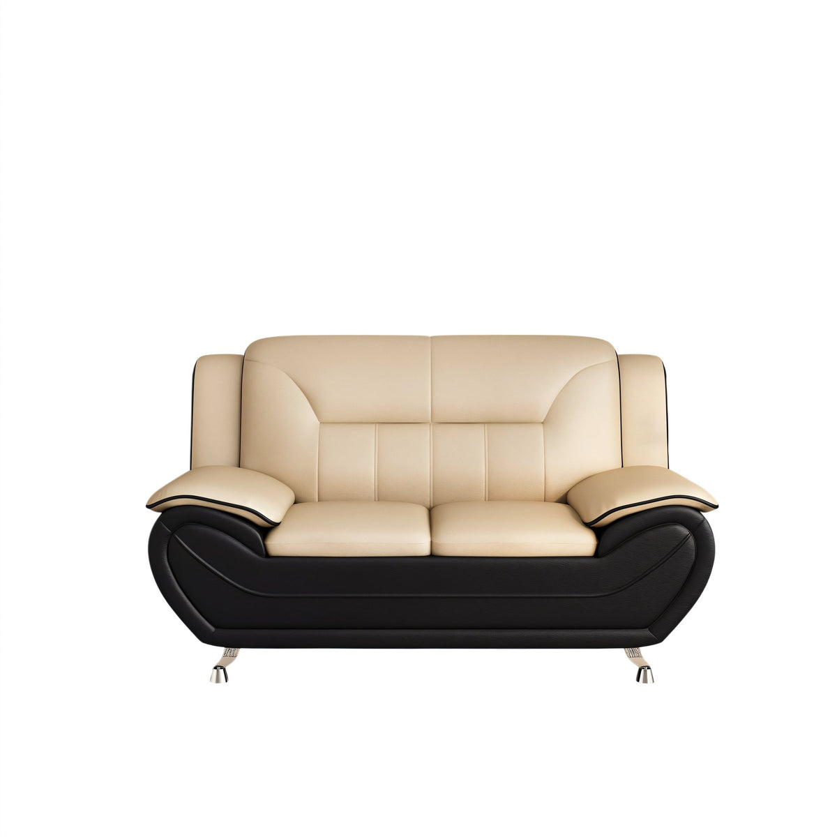 Modern Contemporary Bonded Faux Leather Living Room Sofa, Cushioned Armrest Couch with Stainless Steel Legs, Minimalist Sturdy Upholstered Furniture for Living Room Apartment,Camel & Black