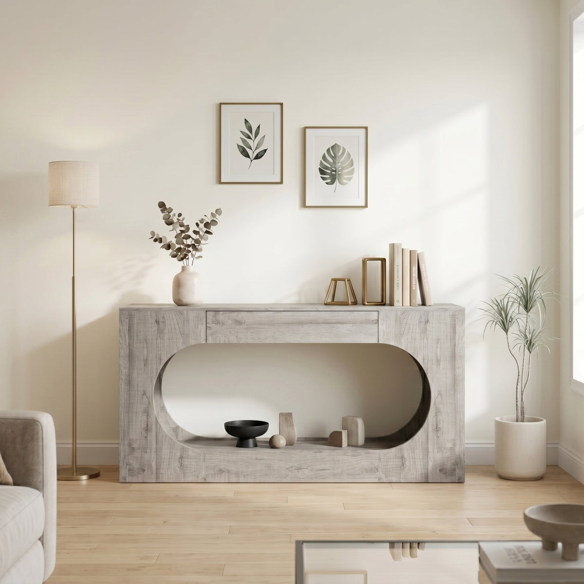 Modern Grey Wood Grain Console Table, Particle Board Entryway Table with Storage Drawer, Hollow Oval Cutout Narrow Sofa Accent Table for Hall Foyer Li