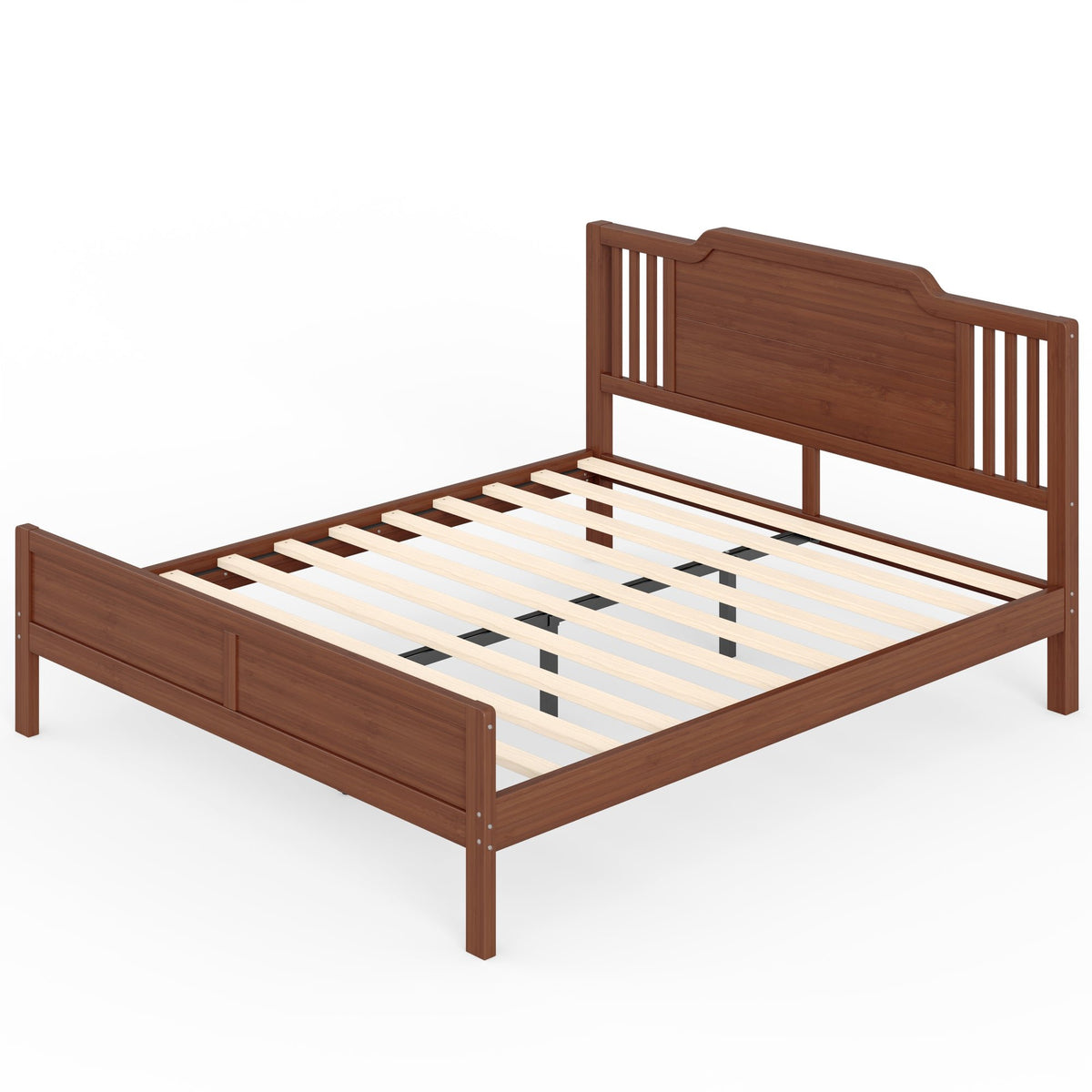 Queen Size Platform Bed with Tall Headboard, Solid Bamboo-made Bed Frame with Support Slats, Queen Bed Frame for Bedroom, Guest Rooms, Warm Brown