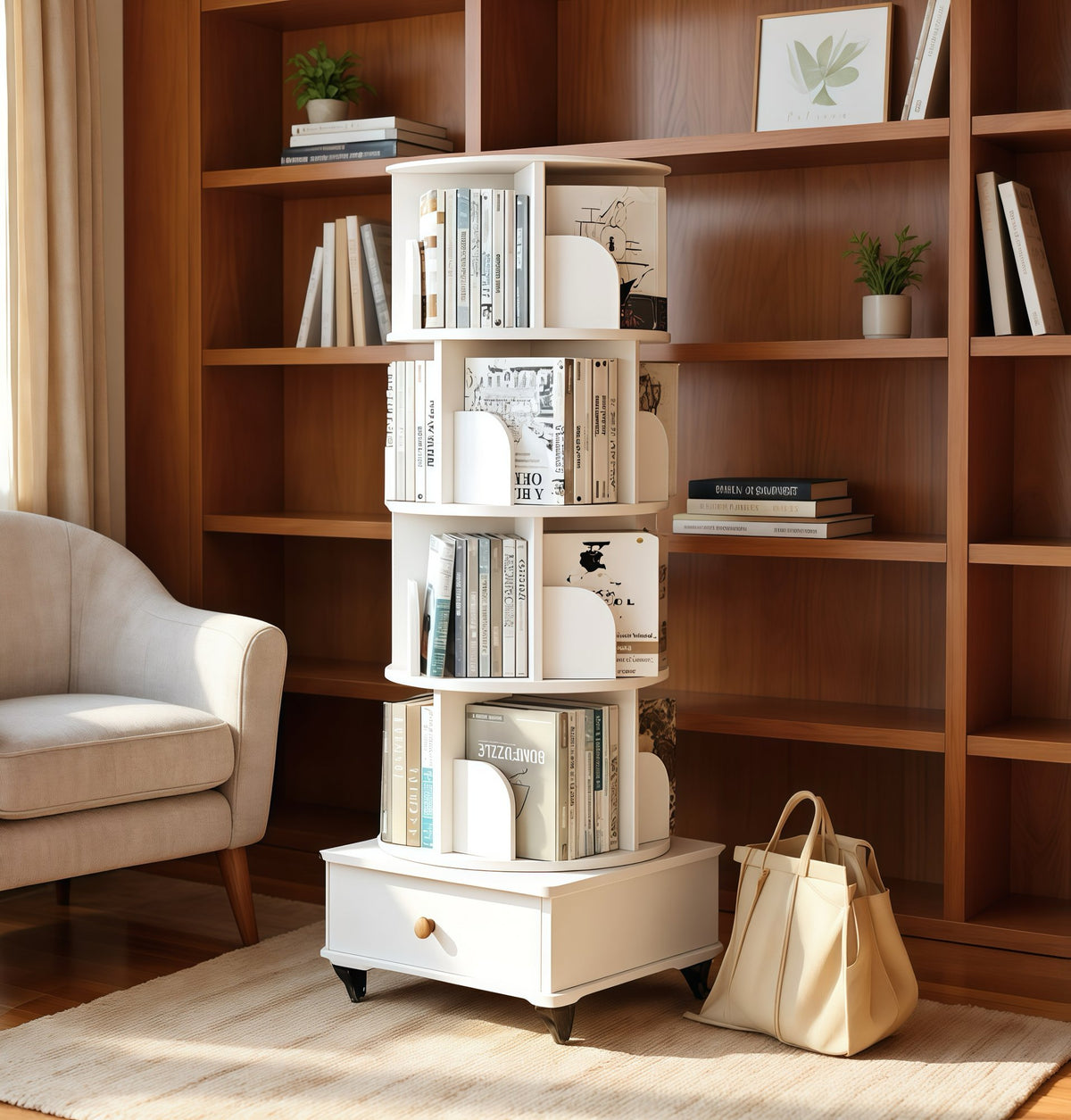 Rotating Bookshelf with Drawer, 360 Display 5 Tier Corner Bookshelf, Floor Standing Bookcase Storage Rack, Wood Narrow Organizer - White