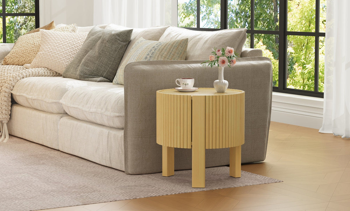 Round Fluted Side Table with Storage for Living Room, Rubber Solid Wood, Soft-close Door, Natural, 19.6"