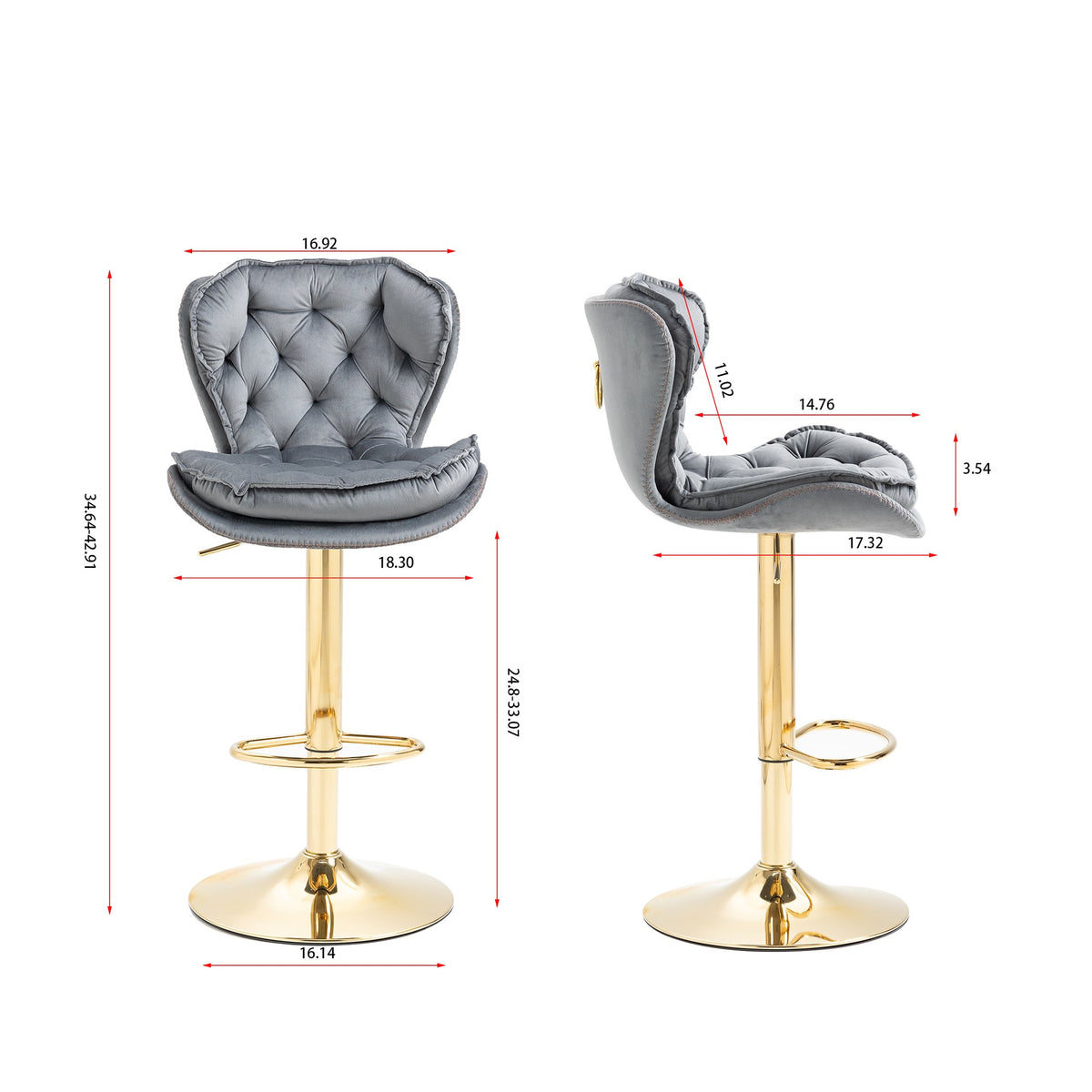 Set of 2 Bar Stools, with Chrome Footrest and Base Swivel Height Adjustable Mechanical Lifting Velvet + Golden Leg Simple Bar Stool-gray