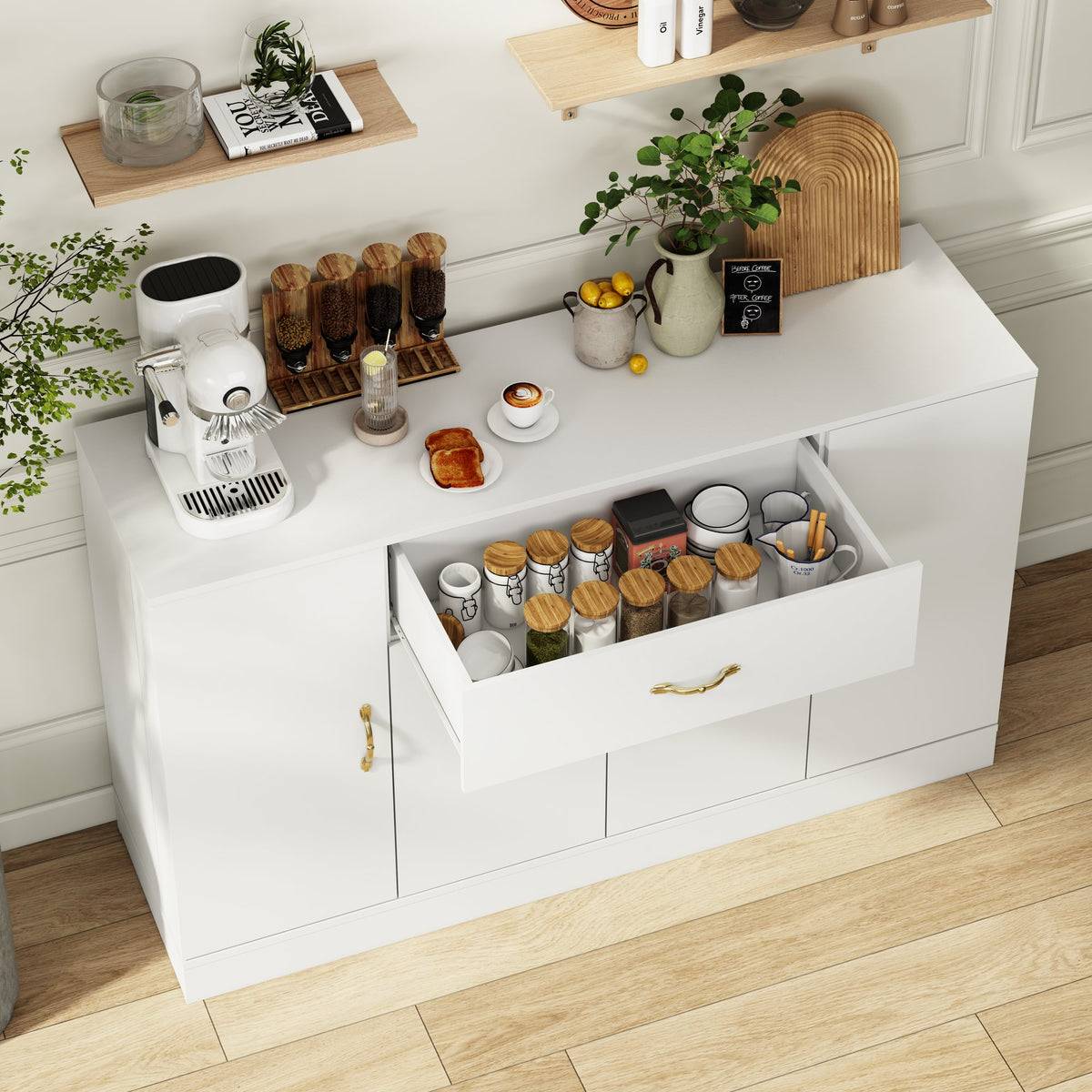 Sideboard Buffet Cabinet with Storage, Large Kitchen Storage Cabinet with 1 Drawer and 4 Doors, Modern Coffee Bar, White