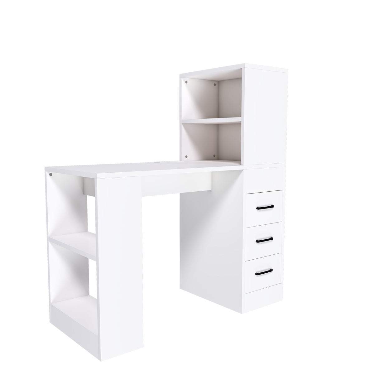 White Computer Desk with 4-in-1 Socket, the Desk with 3 Slide Drawers and 4 Storage Levels, the Wooden Desk is Suitable for a Variety of Places