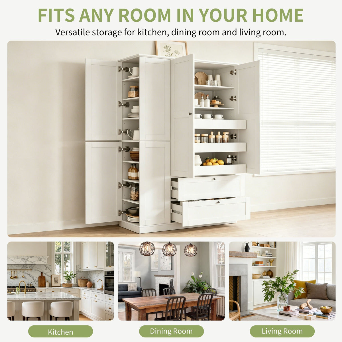 TOPMAX 73.6" Tall Farmhouse Kitchen Pantry Cabinet with 8 Shelves, 2 Drawers, 3 Pull-Out Trays, 4 Doors and Side Cabinets, White