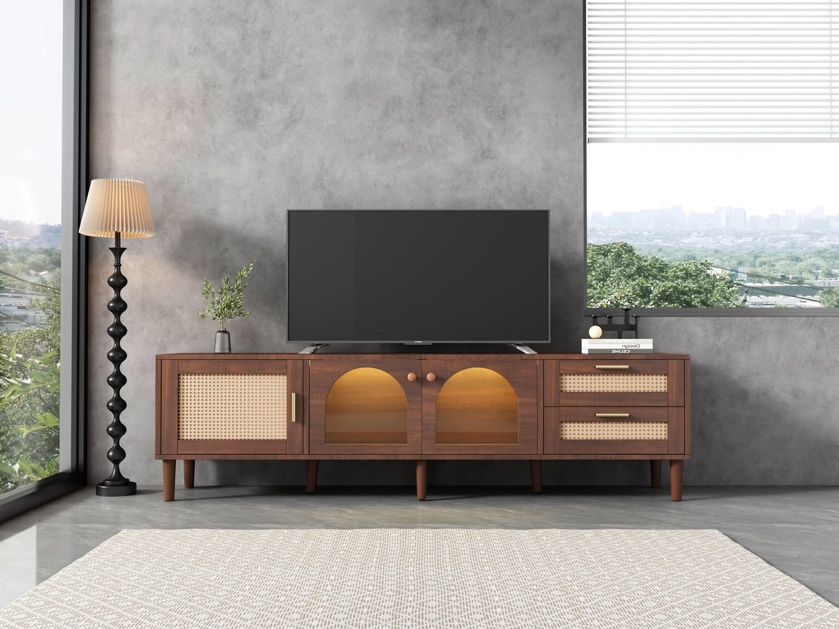 Modern 70 inch TV Stand in Dark Brown with App-Controlled LED Lights, Rattan Doors, 2 Drawers & Glass Door Storage, MDF and Solid Wood Frame
