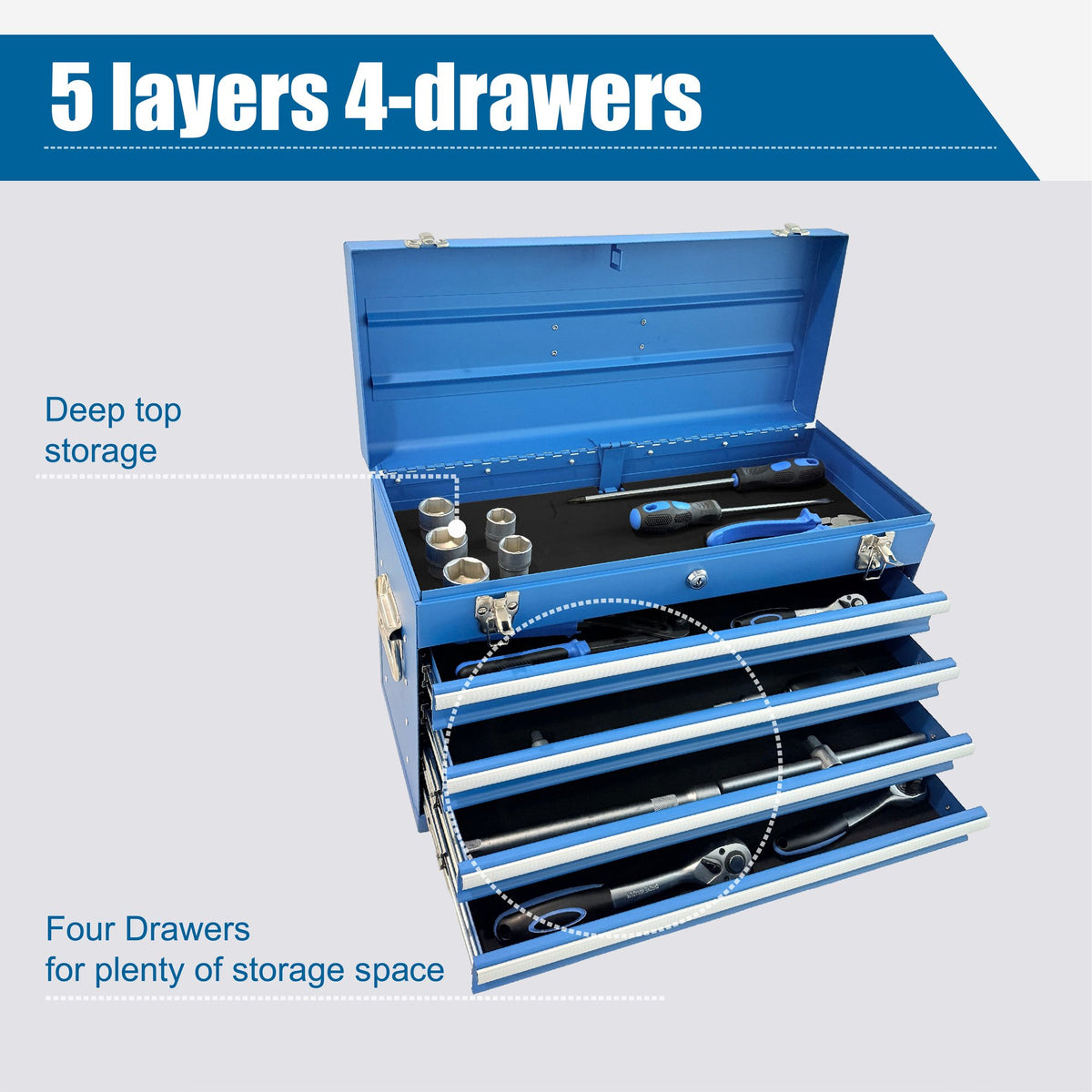 Heavy Duty Metal Tool Box, 21-inch, Portable Metal Tool Box with 4 Drawers, Small Tool Chest with EVA Liners – Blue