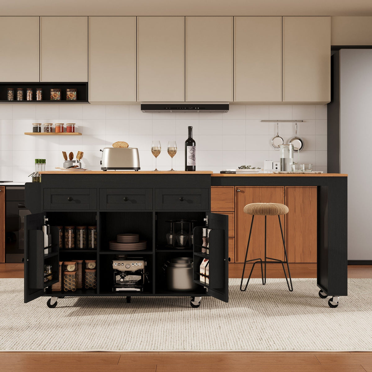 K&K 85.5" Kitchen Island with Extendable Dining Table, Kitchen Storage Table with 3 Side Open Shelves – Black