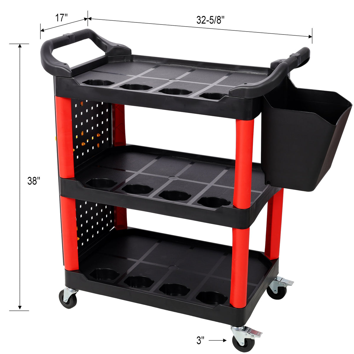 3 Tier Rolling Auto Detail Cart With Wheels, With Bucket & Panel & Hook, for Detailers Garage, Workshop, Repair Shop, Storage Tool