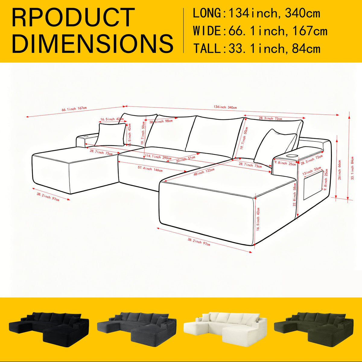 133" Cloud Sectional Sofa with U-Shape Chaise and Side Pockets and Cup holder, Modern Modular Design, Deep Seating, Upholstered Couch