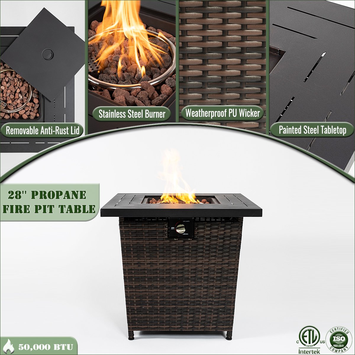 28-Inch Black Wicker Outdoor Propane Gas Fire Pit Table with Steel Top and 50, 000 BTU Heat Output