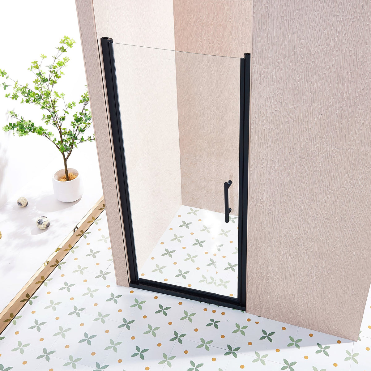34-35.5" W x 75" H Pivot Single Swing Shower Door, Aluminium Alloy in Matte Black, 1/4" Thick SGCC Tempered Clear Glass.