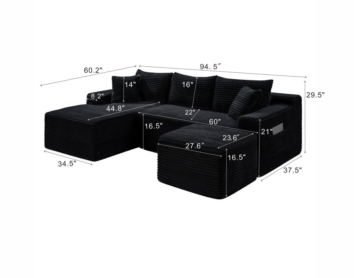 94.5" U-Shaped Cloud Sectional Sofa with Deep Seat, No Assembly Required, Modular Couches Sleeper – Black