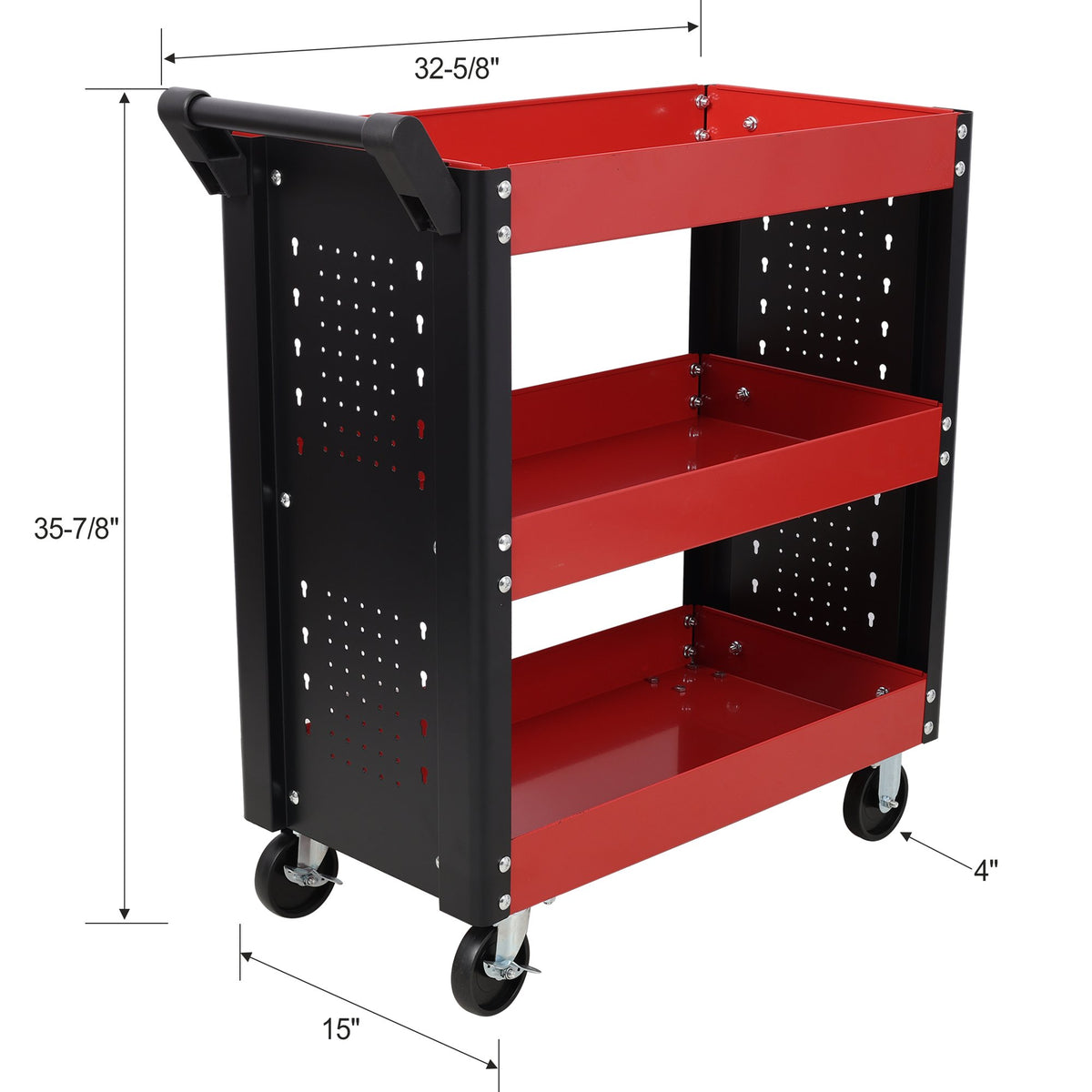 3 Tier Rolling Tool Cart on Wheels, Heavy Duty Utility Tool Cart with Pegboard for Repair Shop, Garage, Warehouse, Red