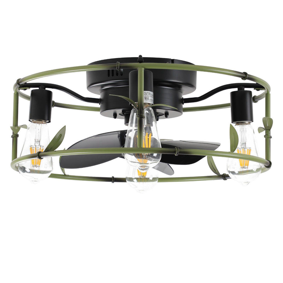 19" Green Industrial Ceiling Fan with Light - Flush Mount Caged Ceiling Fan with Remote, 3-Light Rustic Ceiling Fan